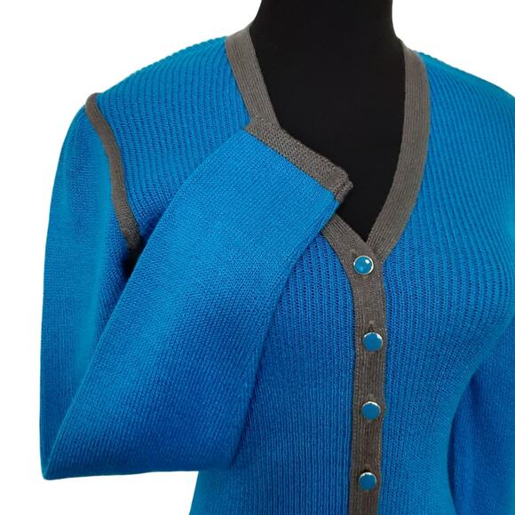 Vintage 80s Button Front Knit Midi Dress Blue Santana Knit V Neck Womens 10 - Picture 4 of 14